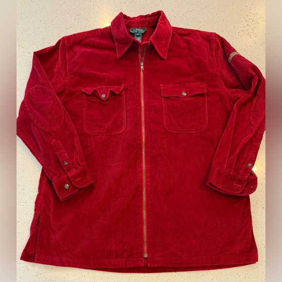L Corduroy Lauren Ralph Shacket Women's Shirt Zip Red Long Sleeve Fall Winter - Picture 1 of 12